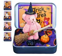 Genérico Cute Halloween Teddy Bear in a Box with Witcher Miniature, Blanket, Broom, Pumpkin & Cat, Halloween Bear in a Box, Gift for Family and Friends (Pink)