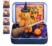 Genérico Cute Halloween Teddy Bear in a Box with Witcher Miniature, Blanket, Broom, Pumpkin & Cat, Halloween Bear in a Box, Gift for Family and Friends (Brown)