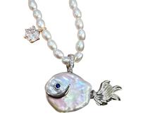 Genérico Cute Pearl Fish Zircon Pendant Necklace, Natural Pearl Irregular Fish Shape Women Pendant, Summer Beach Ocean Jewelry Clavicle Chain for Anniversary Birthday Gift