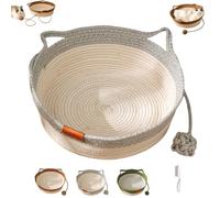 Genérico Cutypet Cat Basket Bed, Pets Hand Woven Cotton Bed Basket with Toy Tail, Round Cat Sleeping Nest with Built-in Scratching Pad and Play Ball for Cats and Dogs All-Season (Gray,L)