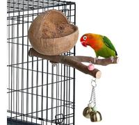 Genérico De Pájaro De Coco Natural - Casa De Pájaros De Cáscara De Coco De 12 Cm con Rama Y Fibra De Anidación | para Periquitos, Periquitos, Pájaros del Amor, Pinzones | Cabaña Escondida Colgan