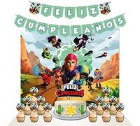 Genérico Decoración Cumpleaños Brwlstar2-1 Cartel 100x80cm, 2 Banderines, 1 Cake Topper, 12 Toppers - Diseño para Fiestas Infantiles (Pack 3)
