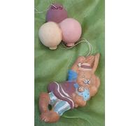Generico Decoración de Pascua de terracota, conejo con globos, figura artesanal