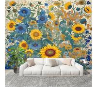Genérico Decoración del hogar Fotomural 350x256cm Dibujado A Mano Flores Girasol Papel Pintado Panorámico ExtraíBle Para Despegar Y Pegar Verde Para salón Dormitorios,Comedores HD Papel Tapiz