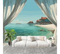 Genérico Decoración del hogar Fotomural 350x256cm Tema De Complejo TuríStico Costero Papel Pintado Panorámico ExtraíBle Para Despegar Y Pegar Verde Para salón Dormitorios,Comedores HD Papel Tapiz