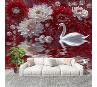 Genérico Decoración del hogar Fotomural 350x259cm Mar De Flores Vibrantes Y Cisnes Papel Pintado Panorámico ExtraíBle Para Despegar Y Pegar Rojo Para salón Dormitorios,Comedores HD Papel Tapiz