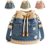 Genérico Denim Crochet Bucket Bag, Denim Bucket Bag Drawstring Crossbody Bags, Vintage Tote Bags with Adjustable Strap for Daily Use (Blue)