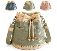 Genérico Denim Crochet Bucket Bag, Denim Bucket Bag Drawstring Crossbody Bags, Vintage Tote Bags with Adjustable Strap for Daily Use (Green)