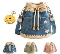 Genérico Denim Crochet Bucket Bag, Drawstring Crossbody Handmade Crochet Jean Tote Adjustable Strap for Travel, Shopping, Beach & Daily Use (Blue)