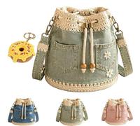 Genérico Denim Crochet Bucket Bag, Drawstring Crossbody Handmade Crochet Jean Tote Adjustable Strap for Travel, Shopping, Beach & Daily Use (Green)
