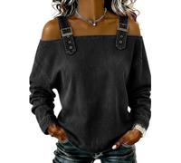 Genérico Denim Shirt Women Cold Off Shoulder Tops Casual Washed Long Buckle Straps Off The Shoulder Blouse Loose Jean Shirts (Black,L)