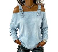 Genérico Denim Shirt Women Cold Off Shoulder Tops Casual Washed Long Buckle Straps Off The Shoulder Blouse Loose Jean Shirts (Light Blue,S)