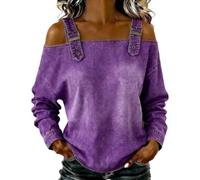 Genérico Denim Shirt Women Cold Off Shoulder Tops Casual Washed Long Buckle Straps Off The Shoulder Blouse Loose Jean Shirts (Purple,M)