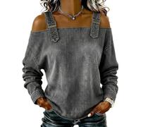 Genérico Denim Shirt Women Cold Off Shoulder Tops Casual Washed Long Buckle Straps Off The Shoulder Blouse Loose Jean Shirts (Gray,S)
