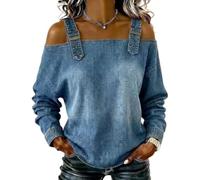 Genérico Denim Shirt Women Cold Off Shoulder Tops Casual Washed Long Buckle Straps Off The Shoulder Blouse Loose Jean Shirts (Blue,XL)