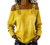 Genérico Denim Shirt Women Cold Off Shoulder Tops Casual Washed Long Buckle Straps Off The Shoulder Blouse Loose Jean Shirts (Yellow,S)