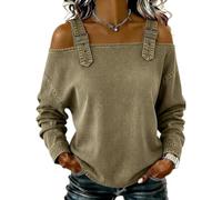 Genérico Denim Shirt Women Cold Off Shoulder Tops Casual Washed Long Buckle Straps Off The Shoulder Blouse Loose Jean Shirts (Khaki,3XL)