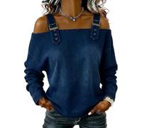 Genérico Denim Shirt Women Cold Off Shoulder Tops Casual Washed Long Buckle Straps Off The Shoulder Blouse Loose Jean Shirts (Dark Blue,M)