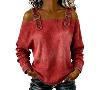 Genérico Denim Shirt Women Cold Off Shoulder Tops Casual Washed Long Buckle Straps Off The Shoulder Blouse Loose Jean Shirts (Red,M)