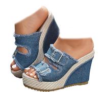 Genérico Denim Wedge Sandals for Women 2026 Chunky High Heels Breathable Ankle Strap Summer Slippers Walking Vacation Shoes for Women Comfortable (Blue,43)