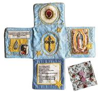 Genérico Devocional de bolsillo hecho a mano - edición de fe, kit de oración de viaje católico de 10 pulgadas con cruz, bolsa de tela plegable en forma de cruz, imágenes de santos y oraciones (Blue)