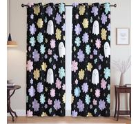Genérico Dibujo Animado Cortinas de Oscurecimiento Aislantes Frio y Calor Colorido Flores Fantasma Halloween in Microfibra para Habitacion Comedor 2 Piezas 132An x 228Al CM