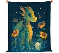 Genérico Dibujos Animados Dragones Luciérnagas Girasoles Manta, Azul Oscuro Infantil Manta de Franela Mantas Polar Cubre Sofa - Acogedora Pelo Mantas para Cama 150 x 200 cm