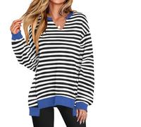 Genérico Diligentup Women's Oversized Sweatshirt V-Neck Long Sleeve Tunic Lightweight Pullover, Fashion Cozy & Trendy Loose Top (Black Stripes,XXL)