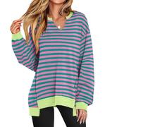 Genérico Diligentup Women's Oversized Sweatshirt V-Neck Long Sleeve Tunic Lightweight Pullover, Fashion Cozy & Trendy Loose Top (Pink Stripes,XL)