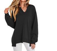 Genérico Diligentup Women's Oversized Sweatshirt V-Neck Long Sleeve Tunic Lightweight Pullover, Fashion Cozy & Trendy Loose Top (Black,XXL)