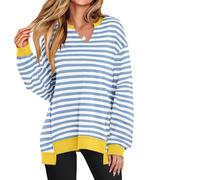 Genérico Diligentup Women's Oversized Sweatshirt V-Neck Long Sleeve Tunic Lightweight Pullover, Fashion Cozy & Trendy Loose Top (Blue Stripes,S)