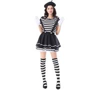 Genérico Disfraces De Carnaval Mujer Payaso Mudo Rayas Con Tirantes Y Falda Tutú Para Halloween. Traje Mimo Frances Blanco Negro Y Boina. Disfraz Arlequin Gracioso
