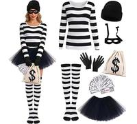 Genérico Disfraces Ladrón de Banco, Disfraz Ladrona Mujer Niñas Niños, Set de Disfraz Ladron Adulto, Con Sombrero, Máscara, Camisa,Faldas, Guantes, Cartera, Medias Hasta la Rodilla
