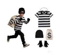 Genérico Disfraces Ladrón de Banco, Disfraz Ladrona Mujer Niñas Niños, Set de Disfraz Ladron Adulto, Con Sombrero, Máscara, Camisa,Faldas, Guantes, Cartera, Medias Hasta la Rodilla