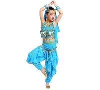 Genérico Disfraz Danza del Vientre Niña Conjunto Completo 4 Piezas Traje Oriental Infantil con Top Cinturón de Monedas Pantalón y Velo para Fiesta Carnaval Show Escolar