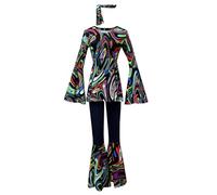Genérico Disfraz de carnaval para mujer, retro, discoteca, Halloween, disfraz de escenario de los años 60 y 70, diseño impreso, colorido, hippie, ropa con cinta para el pelo, pantalones para fiestas