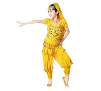 Genérico Disfraz de Danza del Vientre Indiapara Niña Conjunto 4 Piezas con Camiseta Pantalón Cinturón y Velo Harem con Lentejuelas Vestido de Baile Hindú Modernas y Cómodo para Espectáculos Escolares