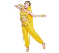 Genérico Disfraz de Danza del Vientre Indiapara Niña Conjunto 4 Piezas con Camiseta Pantalón Cinturón y Velo Harem con Lentejuelas Vestido de Baile Hindú Ligero y Cómodo para Espectáculos Escolares
