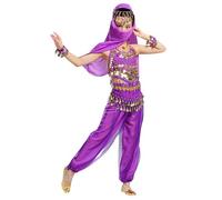 Genérico Disfraz de Danza del Vientre Indiapara Niña Conjunto 4 Piezas con Camiseta Pantalón Cinturón y Velo Harem con Lentejuelas Vestido de Baile Hindú Ligero y Cómodo para Espectáculos Escolares