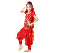 Genérico Disfraz de Danza del Vientre Indiapara Niña Conjunto 4 Piezas con Camiseta Pantalón Cinturón y Velo Harem con Lentejuelas Vestido de Baile Hindú Modernas y Cómodo para Espectáculos Escolares