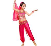 Genérico Disfraz de Danza del Vientre para Niña, Conjunto 5 Piezas, Traje de Baile con Lentejuelas, Top y Pantalón con Accesorios (Rojo Rosa, Altura: 80-100 cm)