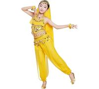 Genérico Disfraz de Danza del Vientre para Niña, Conjunto 5 Piezas, Traje de Baile con Lentejuelas, Top y Pantalón con Accesorios (Amarillo, Altura:100-120 cm)