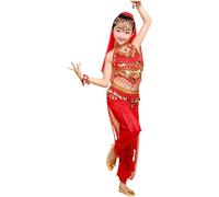 Genérico Disfraz de Danza del Vientre para Niña, Conjunto 5 Piezas, Traje de Baile con Lentejuelas, Top y Pantalón con Accesorios (Rojo, Altura: 120-130 cm)