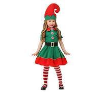 Genérico Disfraz de Elfo de Navidad para Niña Traje Navideño Infantil Vestido de Duende Verde y Rojo con Cinturón Gorro y Medias Ropa de Fiesta Escolar y Espectáculos de Navidad
