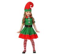 Genérico Disfraz de Elfo de Navidad para Niña Traje Navideño Infantil Vestido de Duende Verde y Rojo con Cinturón Gorro y Medias Ropa de Fiesta Escolar y Espectáculos de Navidad 2026
