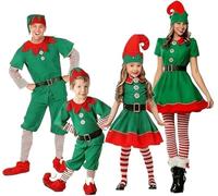 Genérico Disfraz de Elfo de Navidad para Niña y Familia Conjunto de Traje Navideño Padre Madre Hijo Hija Ropa de Fiesta Disfraz Infantil de Duende Verde y Rojo con Gorro Cinturón y Medias