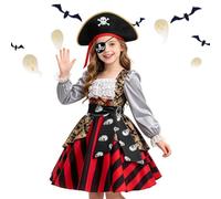 Generico Disfraz de princesa pirata para niñas - 3 piezas pirata Captain | Hat And Eye Patch, Royal Court Style Halloween Cosplay Outfit For Girls Ages 4-12, Perfect For Costume Parties, Stage Perform