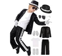 Genérico Disfraz del para Niño Chaqueta y Pantalón Lentejosos Estilo Años Conjunto Chaqueta a y Pantalón Dorado Lentejoso Accesorios Completos para Halloween Sombrero guante niño Música Grupos2026