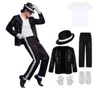 Genérico Disfraz del para Niño Chaqueta y Pantalón Lentejosos Estilo Años Conjunto Chaqueta a y Pantalón Dorado Lentejoso Accesorios Completos para Halloween Sombrero guante niño Música Grupos2026