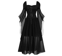 Genérico Disfraz Halloween Mujer Adulta Vestido Largo De Malla Y Encaje Gran Vuelo Color Sólido Para Bruja Con Mangas Acampanadas Cintura Ceñida Con Lazo Escote En V Para Fiesta Y Cosplay Disfraz Car